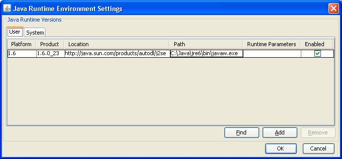 Java Runtime Environment Settings dialog